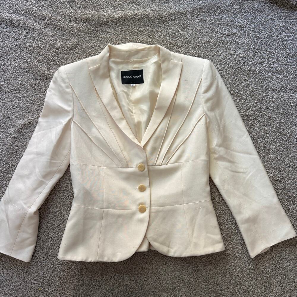 Giorgio Armani Borgo 21 100% Pure Silk Cream Ivory Tailored Blazer Jacket IT 40